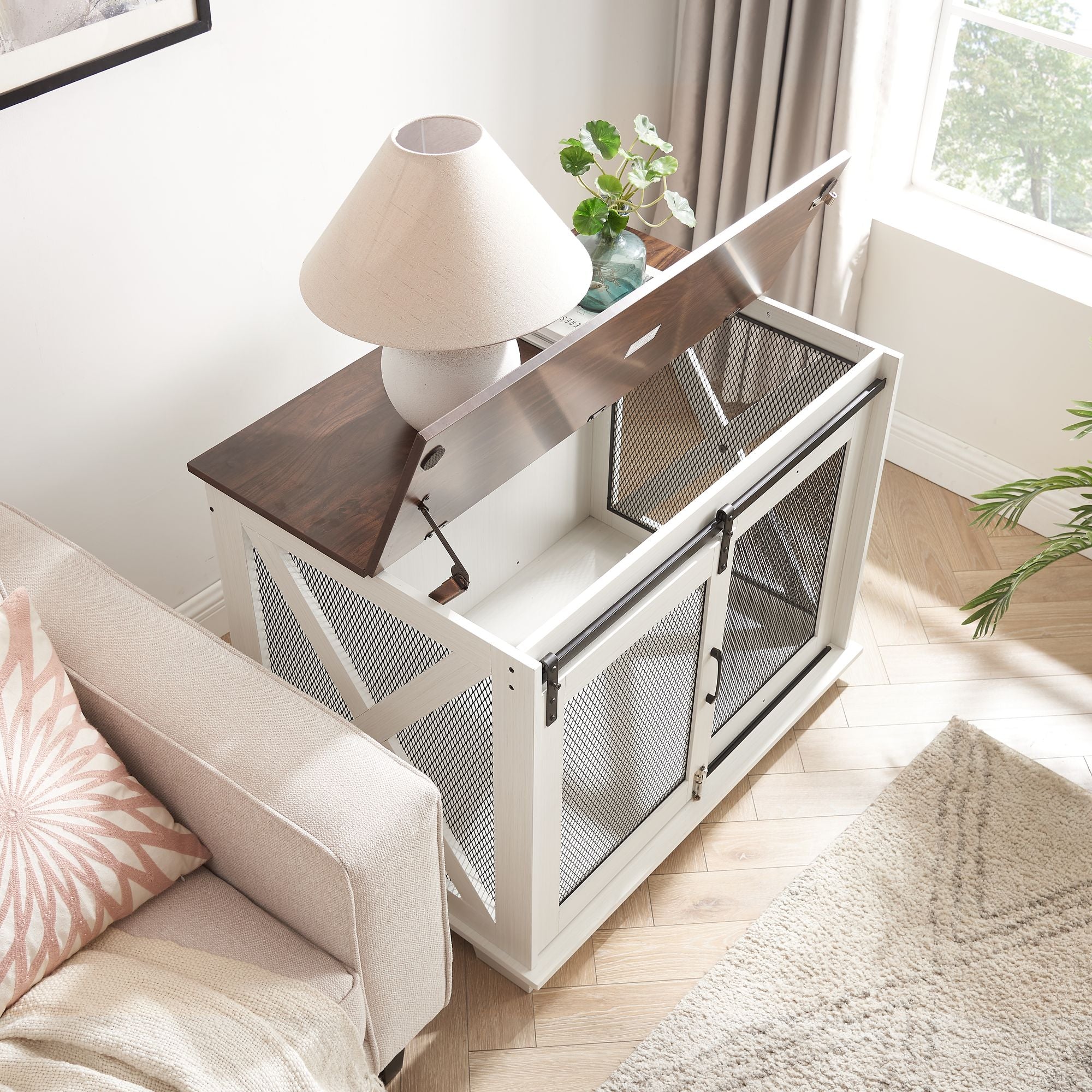 Stylish Farmhouse Dog Crate Furniture with Sliding Barn Door – A Cozy Retreat for Your Pup