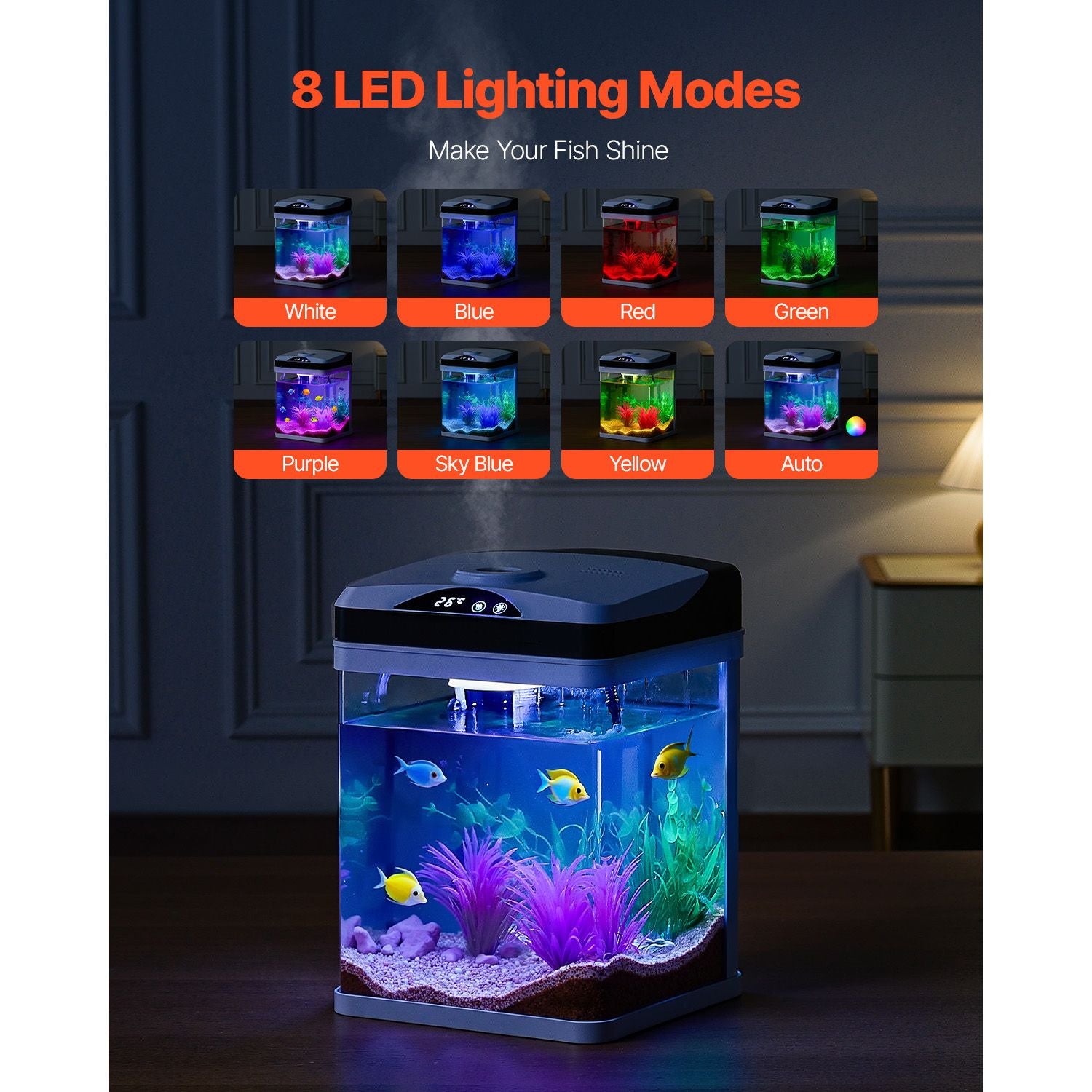 2 Gallon LED Square Aquarium with Ultra-Clear Glass and Adjustable 7-Color Lighting
