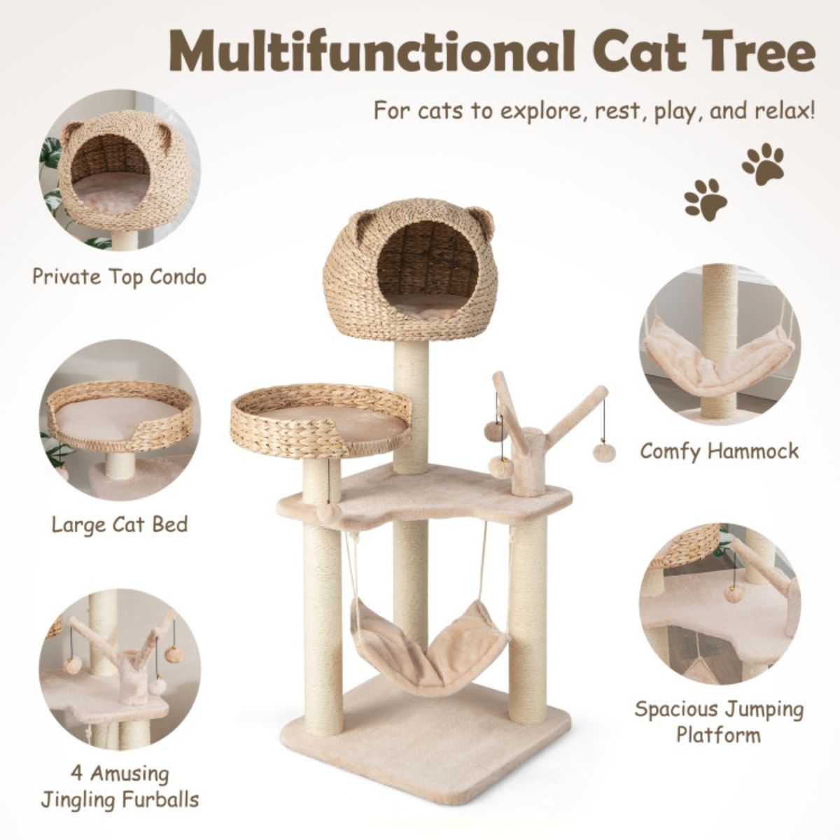 Five-Story Cat Tree with Hammock and Scratching Posts