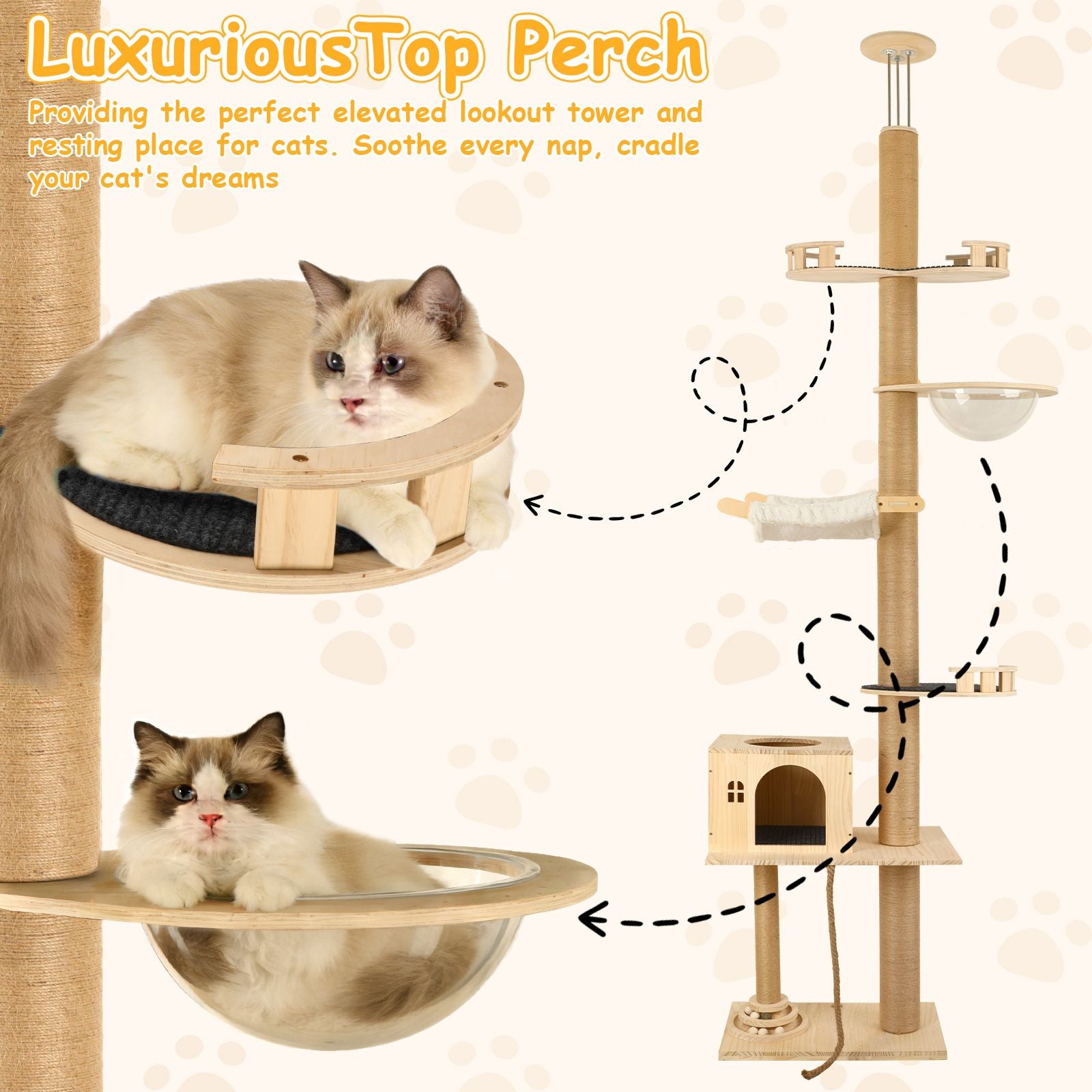 6-Level Floor-to-Ceiling Cat Tree with Transparent Capsule & Hammock