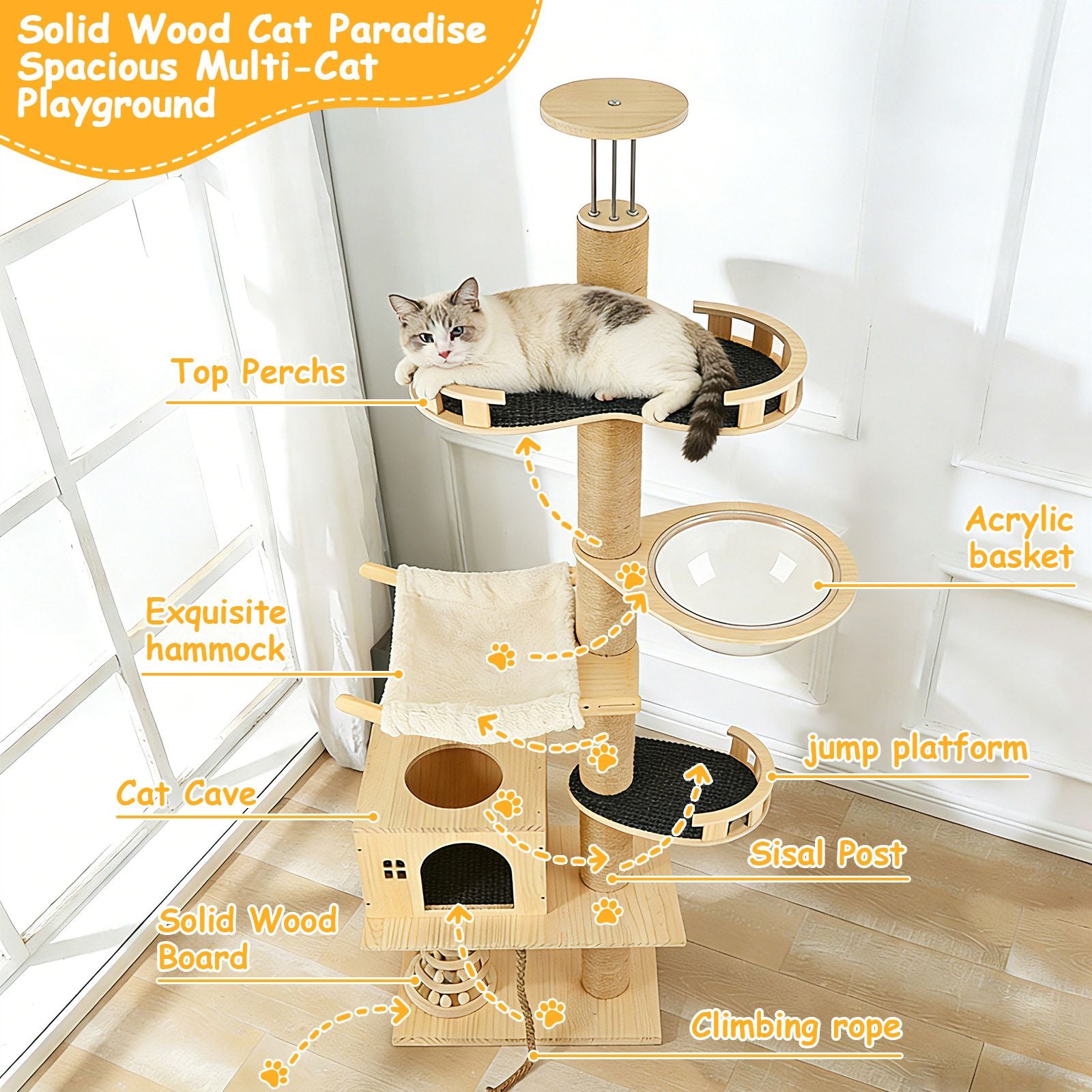 6-Level Floor-to-Ceiling Cat Tree with Transparent Capsule & Hammock