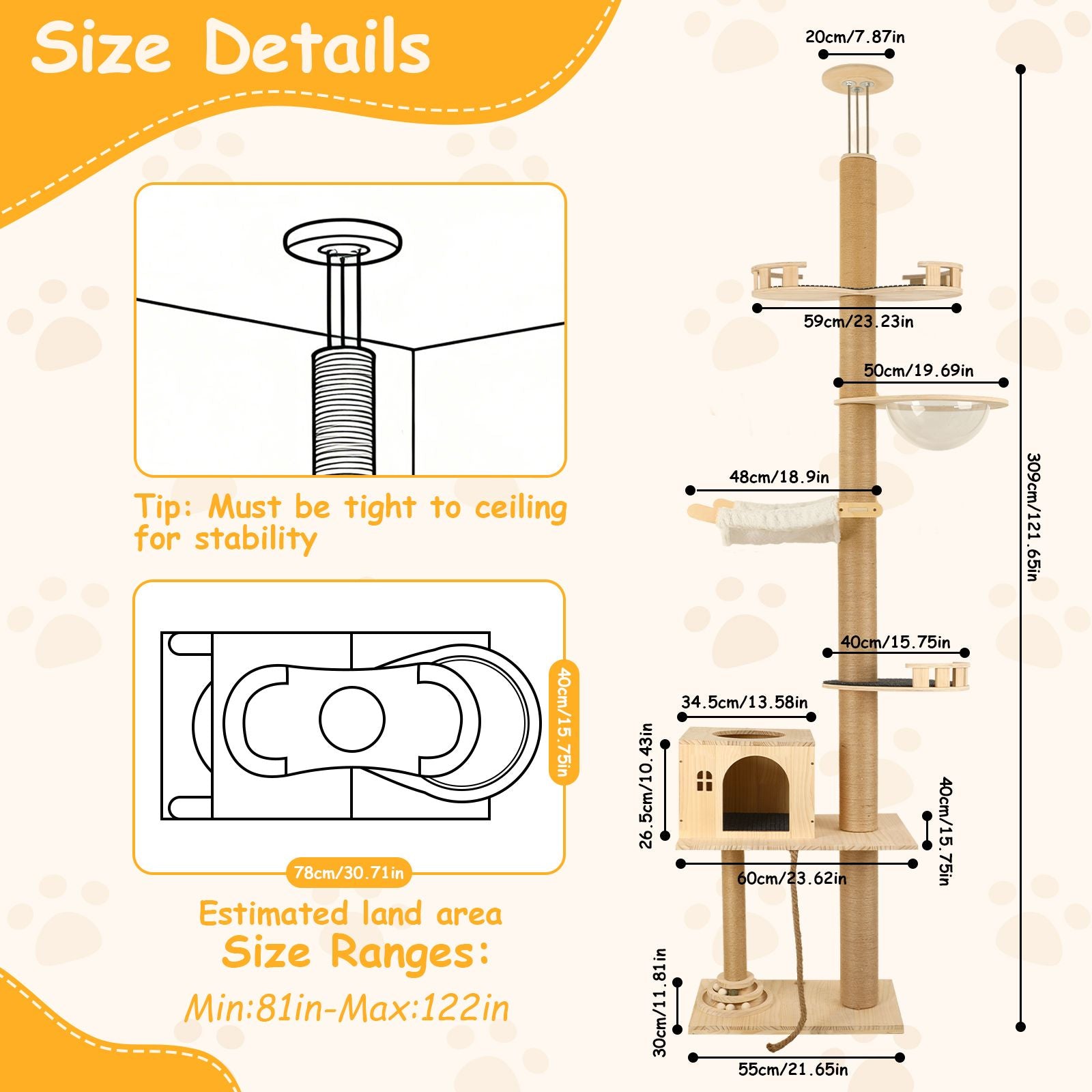 6-Level Floor-to-Ceiling Cat Tree with Transparent Capsule & Hammock