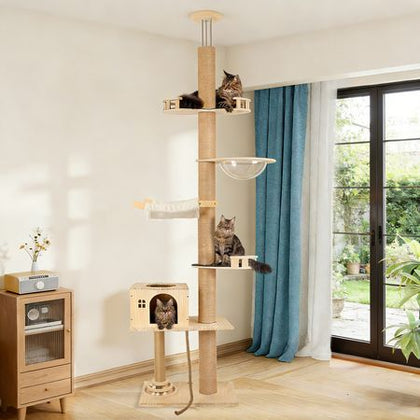 6-Level Floor-to-Ceiling Cat Tree with Transparent Capsule & Hammock