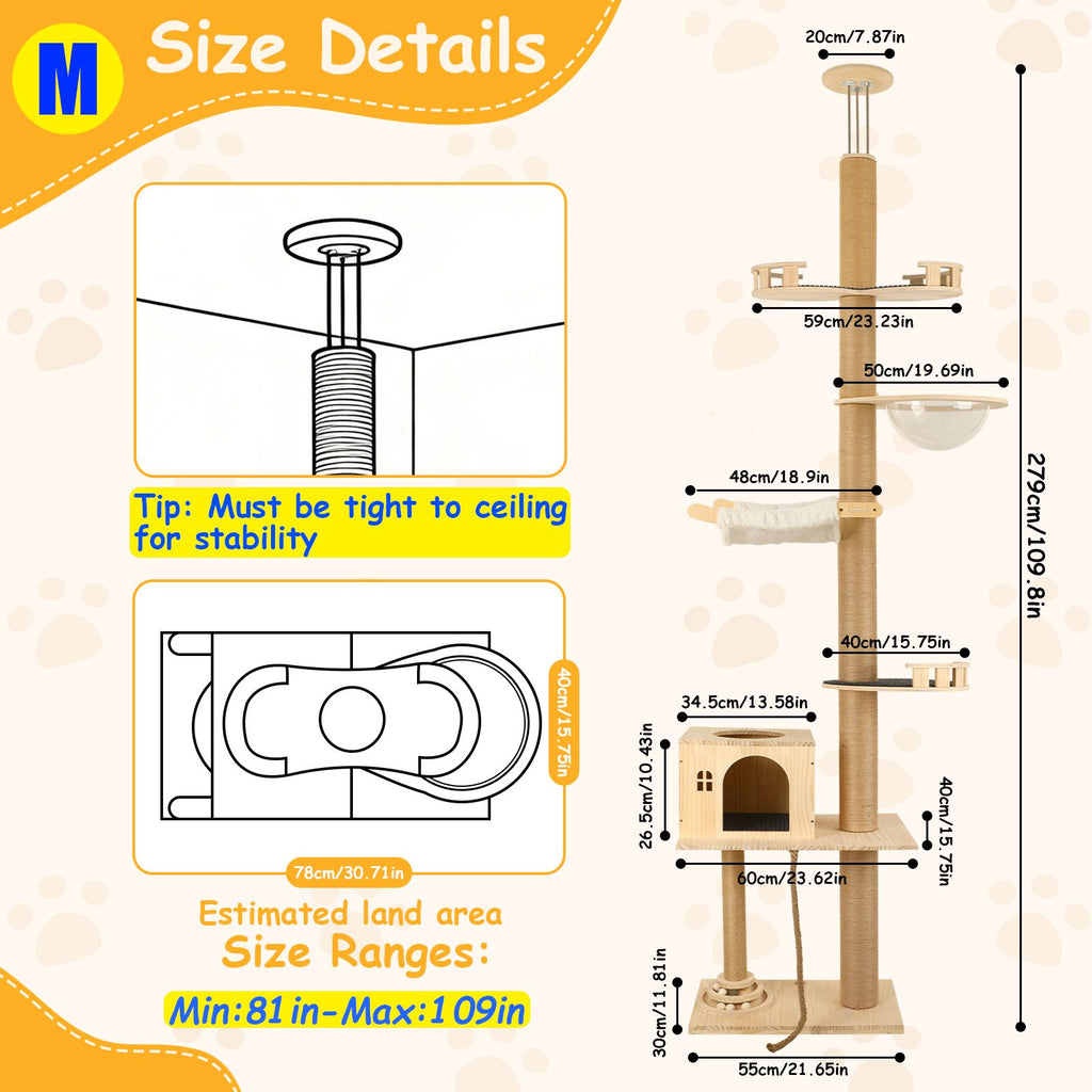 6-Level Floor-to-Ceiling Cat Tree with Transparent Capsule & Hammock