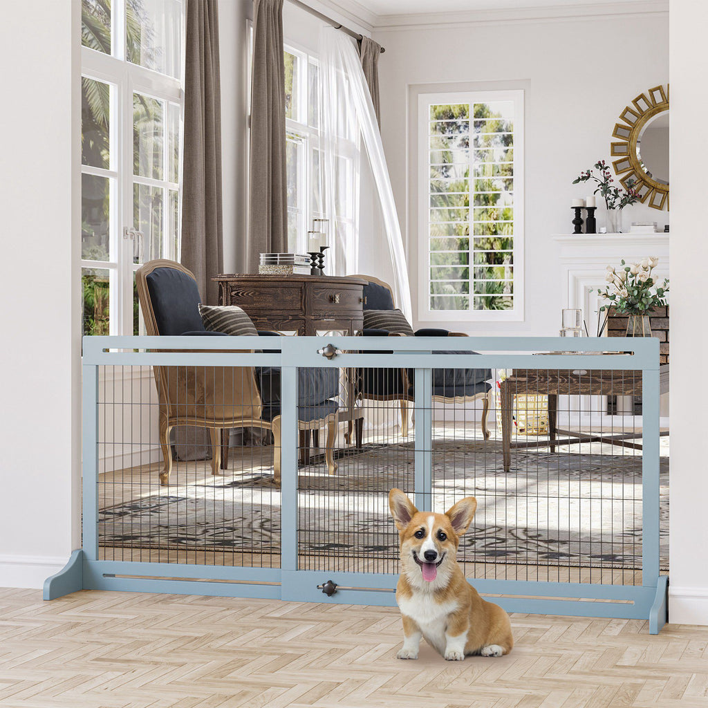 Freestanding Pet Gate Extra Wide 72" – Adjustable Dog Cat Fence Blue Gray