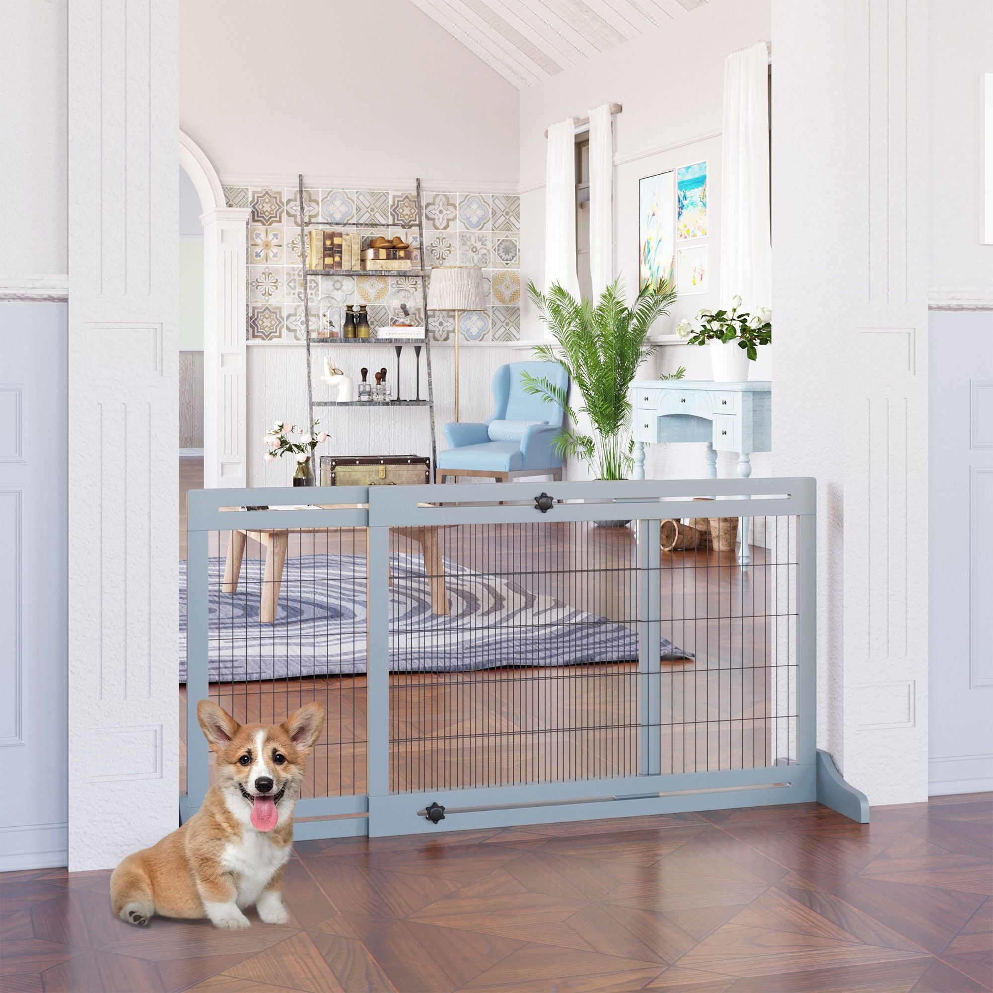 Freestanding Pet Gate Extra Wide 72" – Adjustable Dog Cat Fence Blue Gray