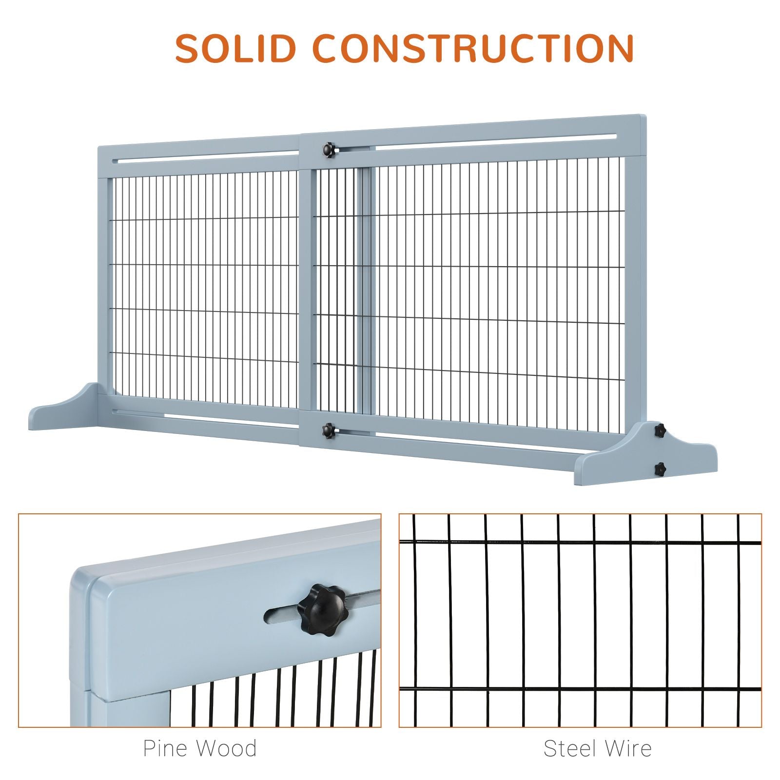 Freestanding Pet Gate Extra Wide 72" – Adjustable Dog Cat Fence Blue Gray