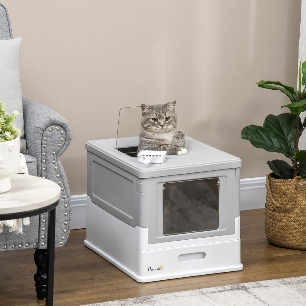 Fully Enclosed Cat Litter Box, Front Entry, Top Exit, Easy Clean, Gray