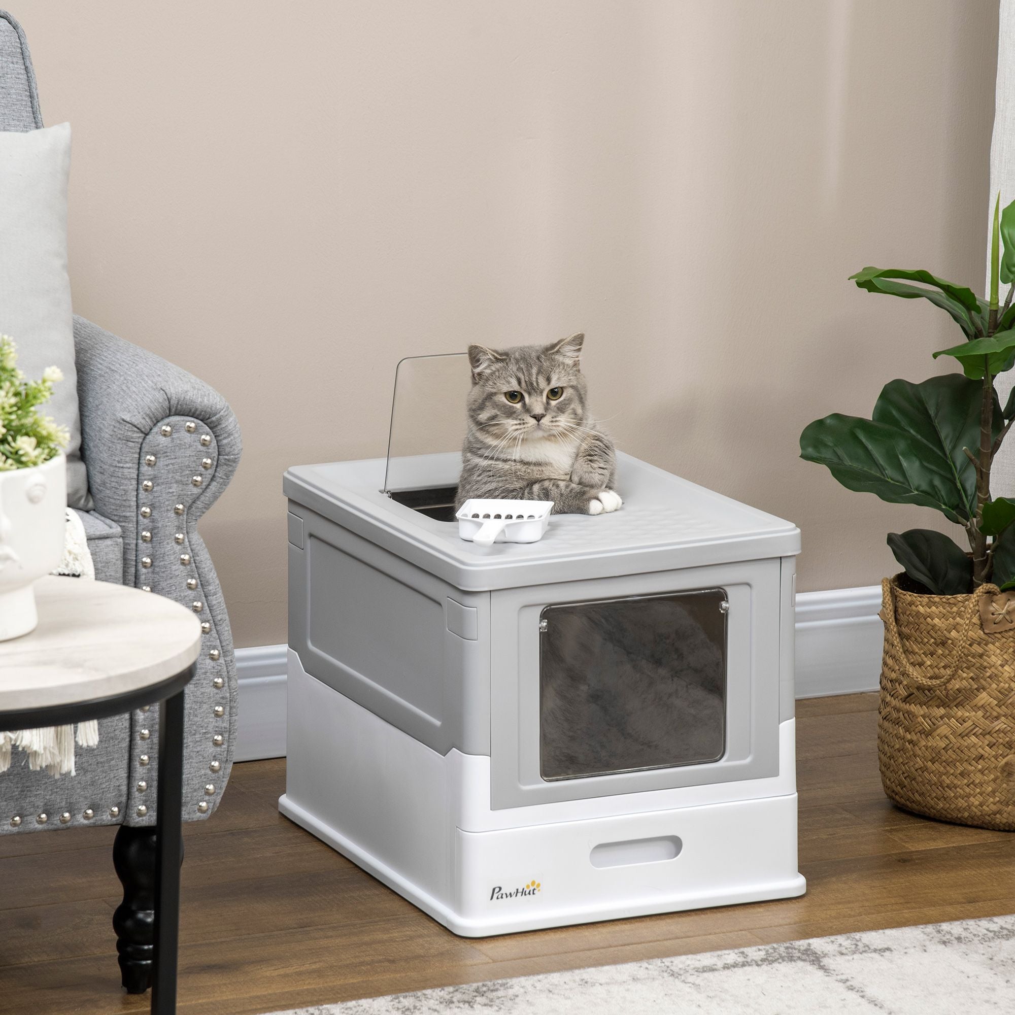 Fully Enclosed Cat Litter Box, Front Entry, Top Exit, Easy Clean, Gray