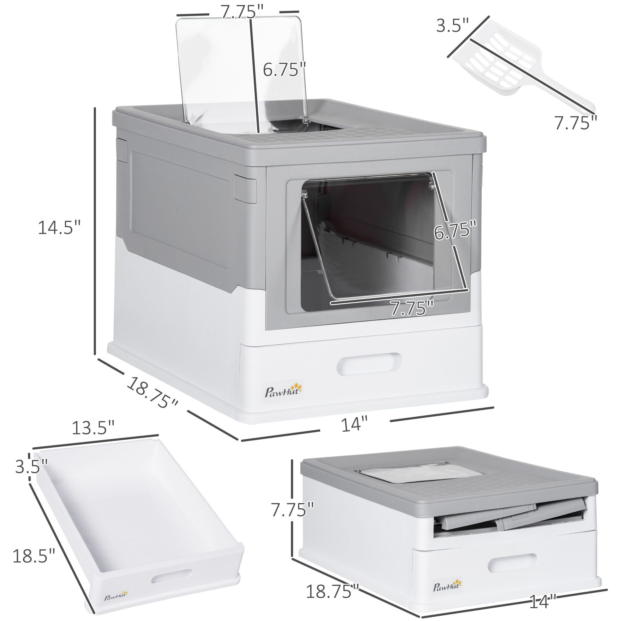 Fully Enclosed Cat Litter Box, Front Entry, Top Exit, Easy Clean, Gray