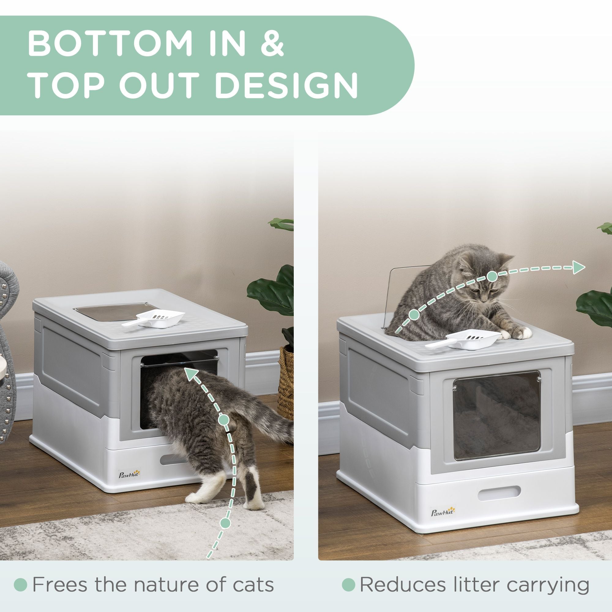 Fully Enclosed Cat Litter Box, Front Entry, Top Exit, Easy Clean, Gray
