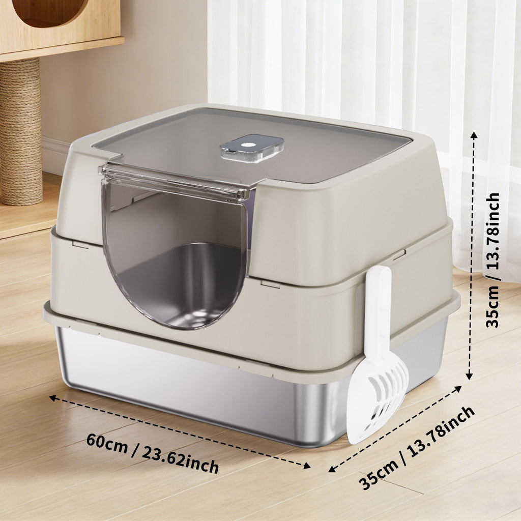 Fully Enclosed Stainless Steel Cat Litter Box with Flip-Top Lid