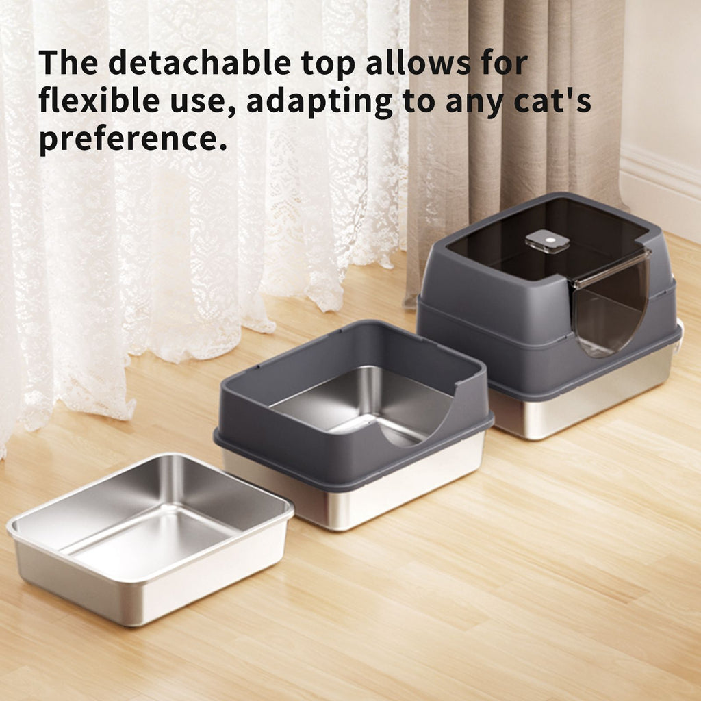 Fully Enclosed Stainless Steel Cat Litter Box with Flip-Top Lid