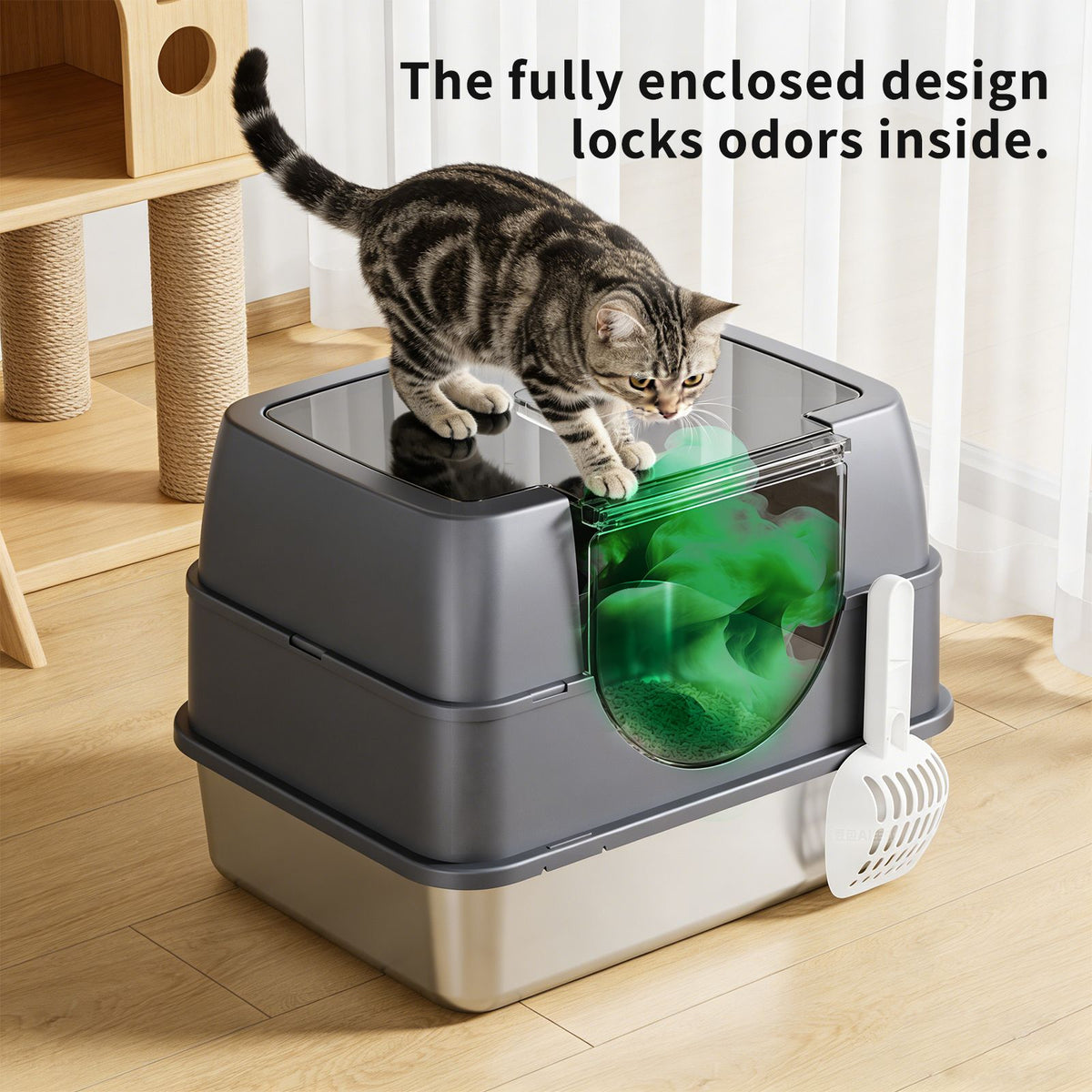 Fully Enclosed Stainless Steel Cat Litter Box with Flip-Top Lid