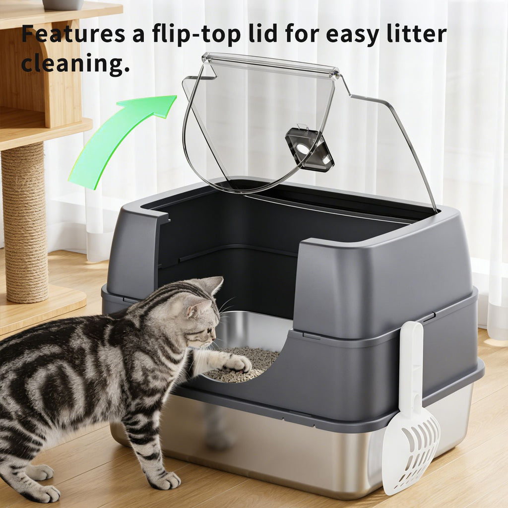 Fully Enclosed Stainless Steel Cat Litter Box with Flip-Top Lid