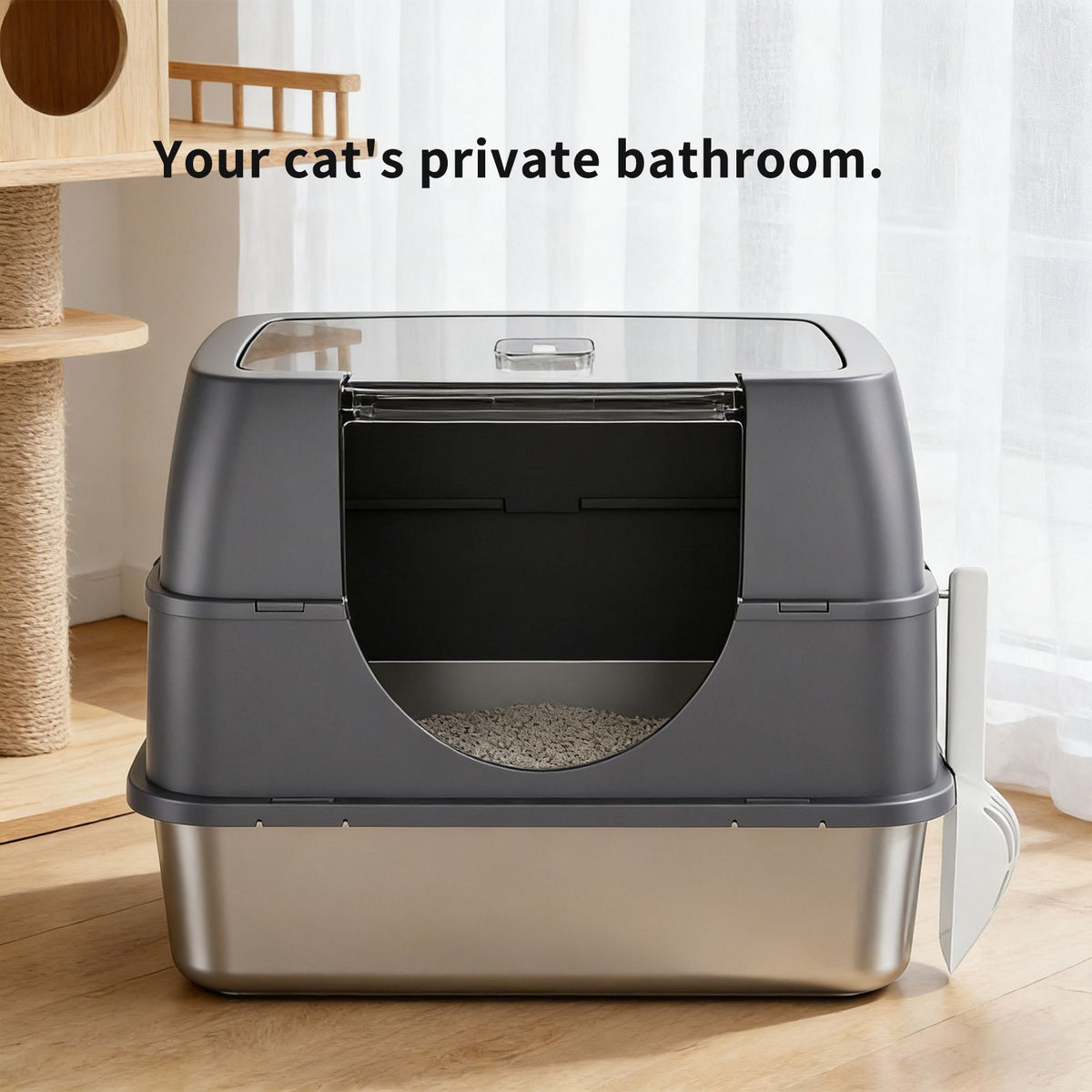 Fully Enclosed Stainless Steel Cat Litter Box with Flip-Top Lid