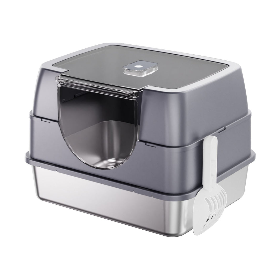 Fully Enclosed Stainless Steel Cat Litter Box with Flip-Top Lid