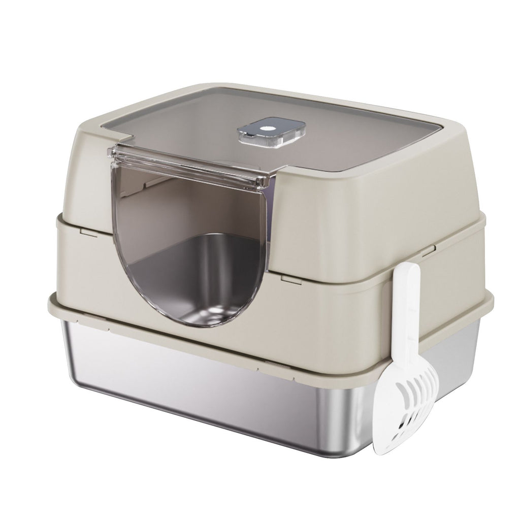 Fully Enclosed Stainless Steel Cat Litter Box with Flip-Top Lid