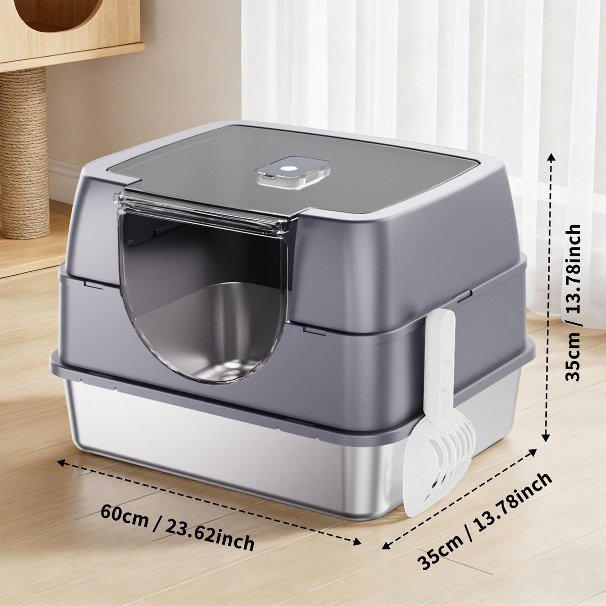 Fully Enclosed Stainless Steel Cat Litter Box with Flip-Top Lid