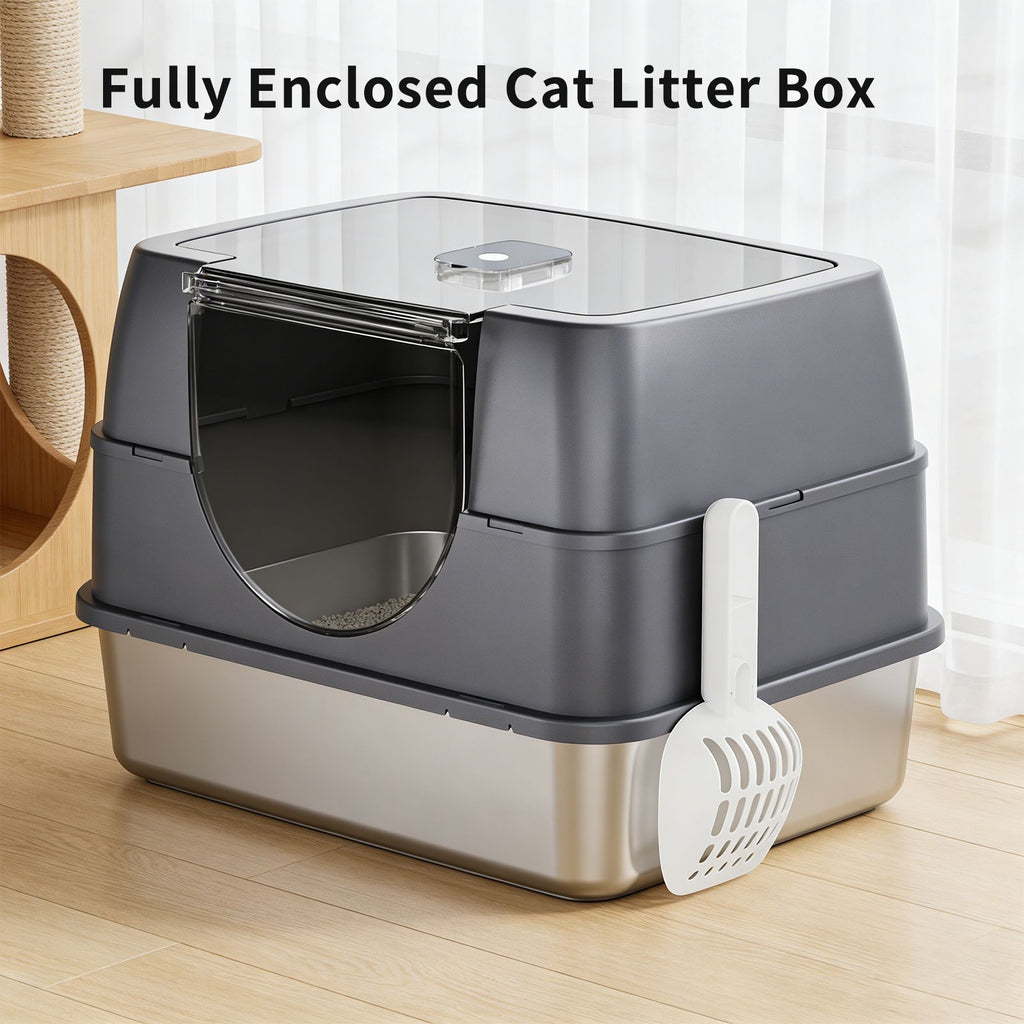 Fully Enclosed Stainless Steel Cat Litter Box with Flip-Top Lid