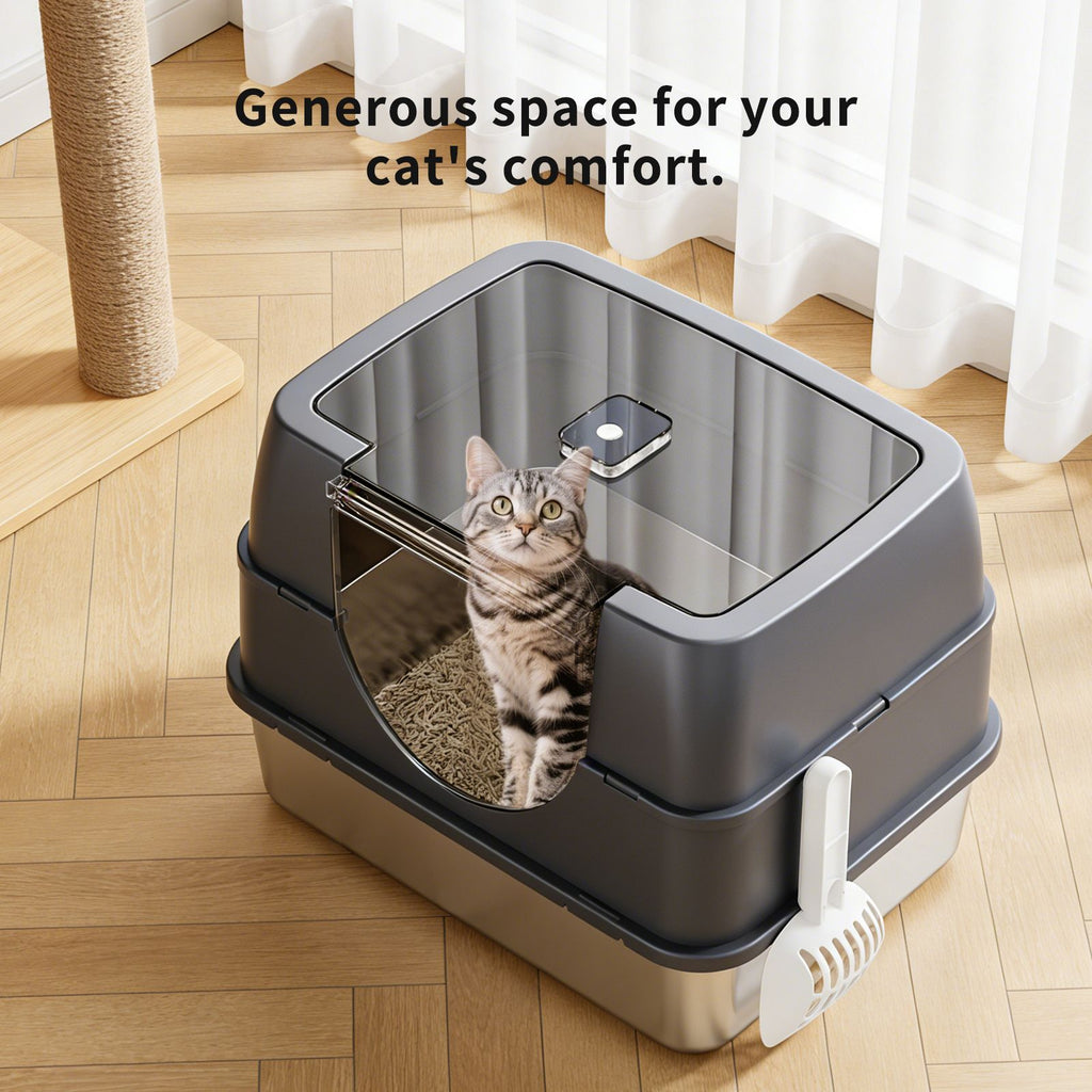 Fully Enclosed Stainless Steel Cat Litter Box with Flip-Top Lid