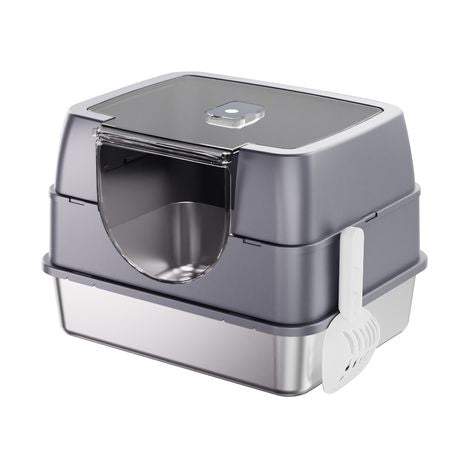 Fully Enclosed Stainless Steel Cat Litter Box with Flip-Top Lid