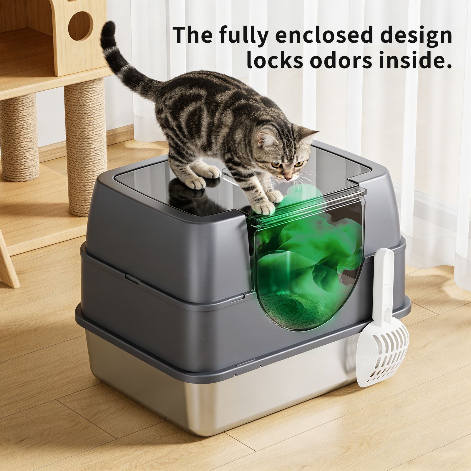 Flip-Top Enclosed Cat Litter Box with Stainless structured Tray & Odor Control