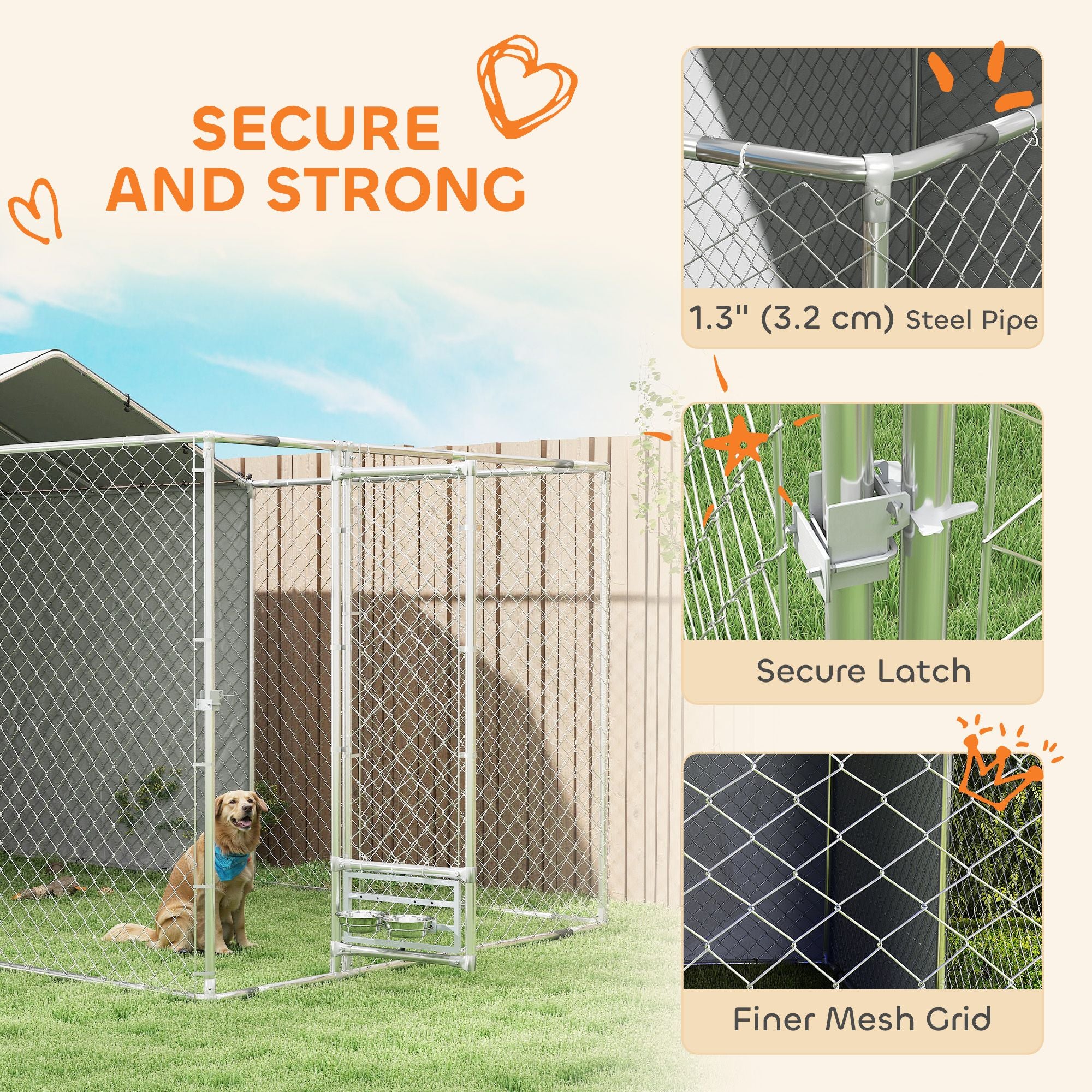 Galvanized Chain Link Large Outdoor Dog Kennel with water-ready & UV-Resistant Cover, for M&L Dogs, 1