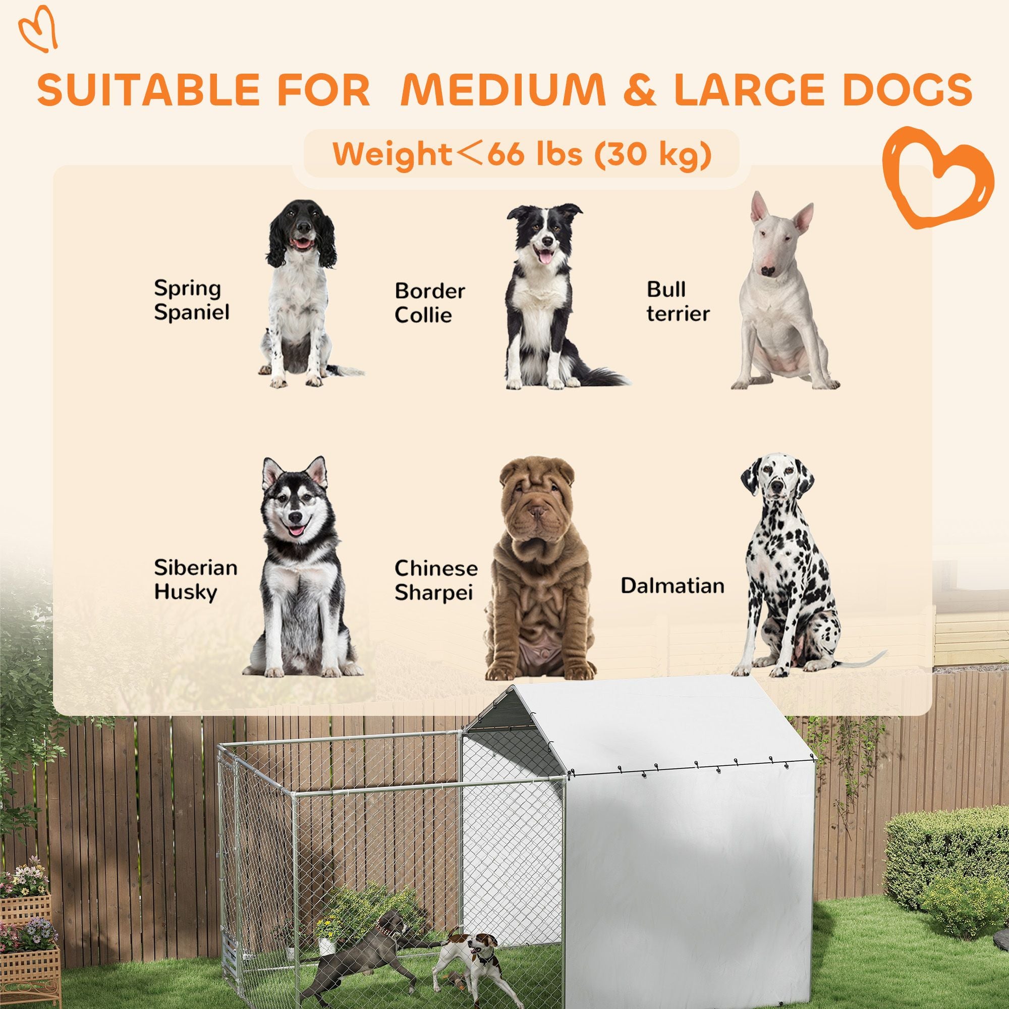 Galvanized Chain Link Large Outdoor Dog Kennel with water-ready & UV-Resistant Cover, for M&L Dogs, 1