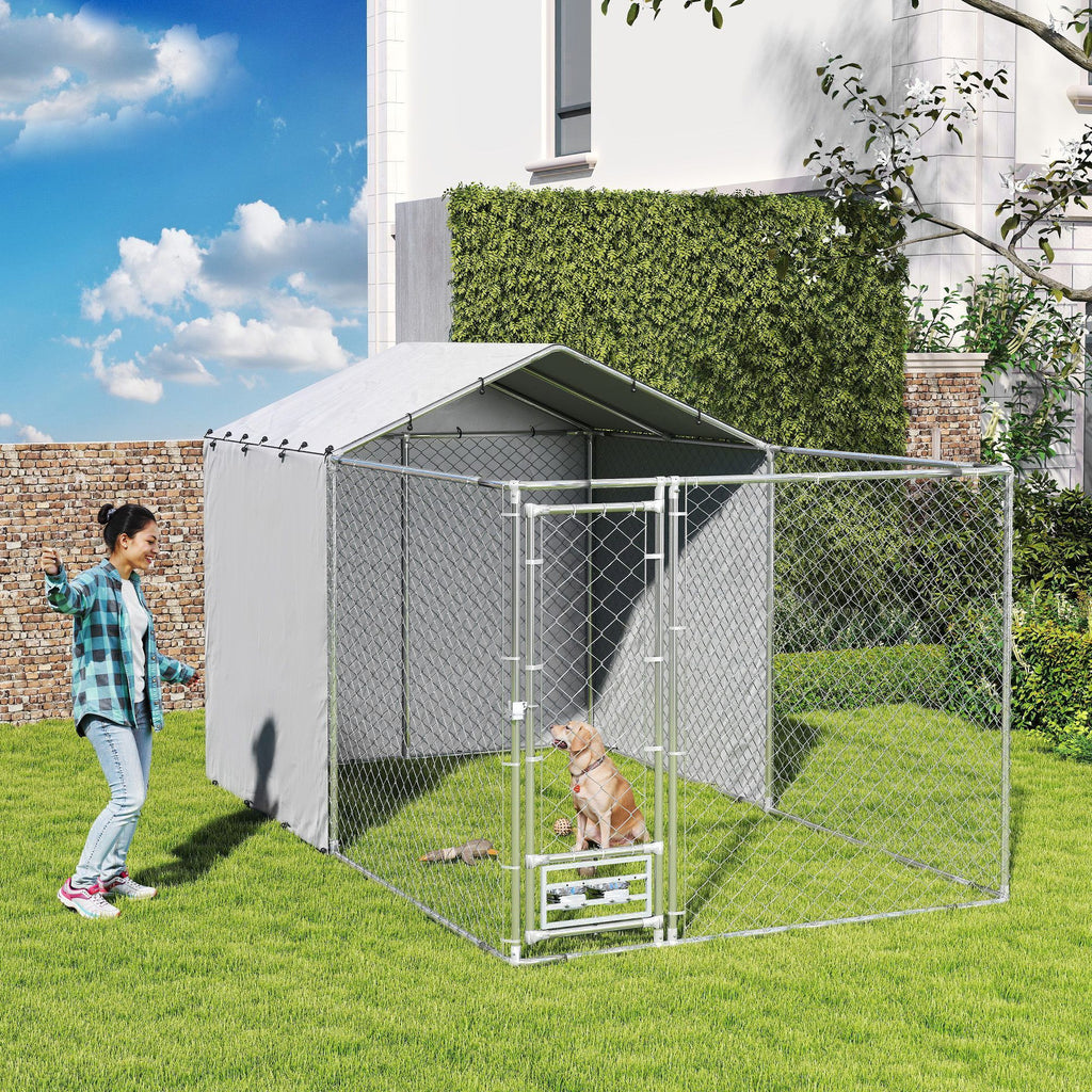 Galvanized Chain Link Large Outdoor Dog Kennel with water-ready & UV-Resistant Cover, for M&L Dogs, 1