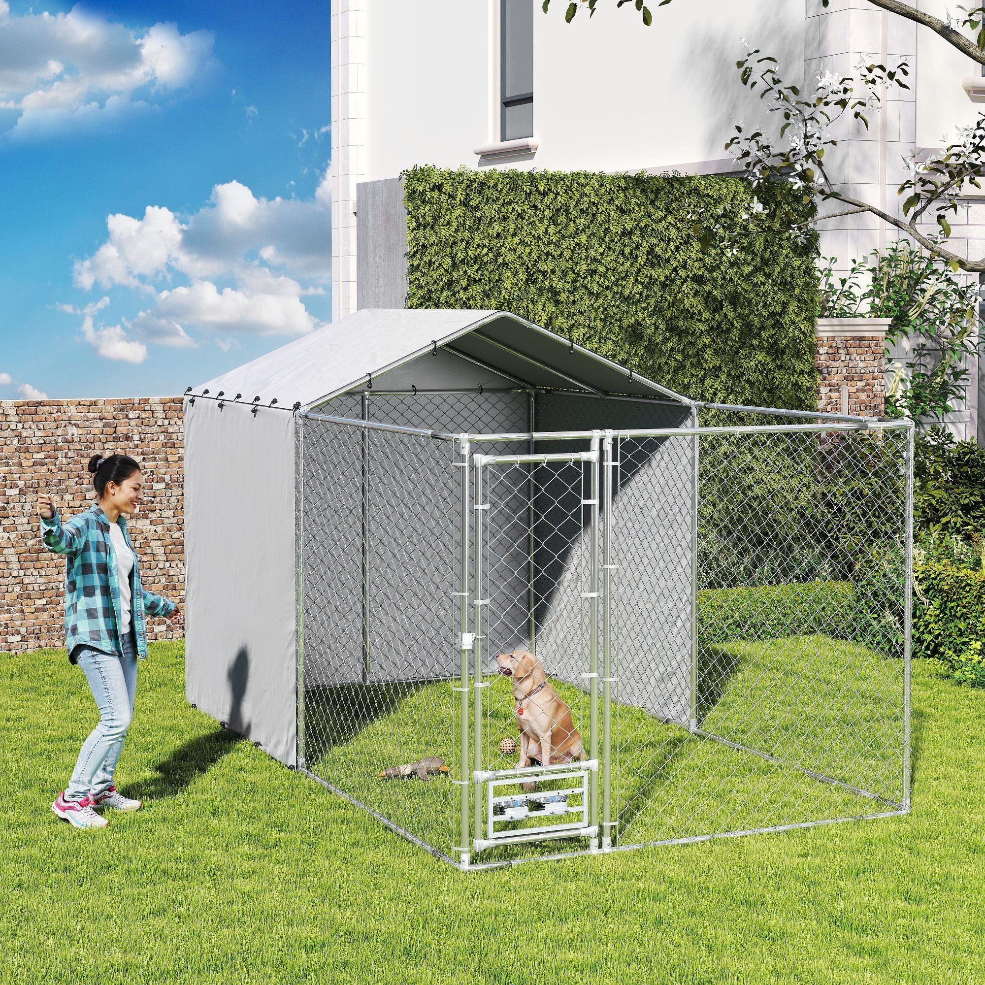 Galvanized Chain Link Large Outdoor Dog Kennel with water-ready & UV-Resistant Cover, for M&L Dogs, 1