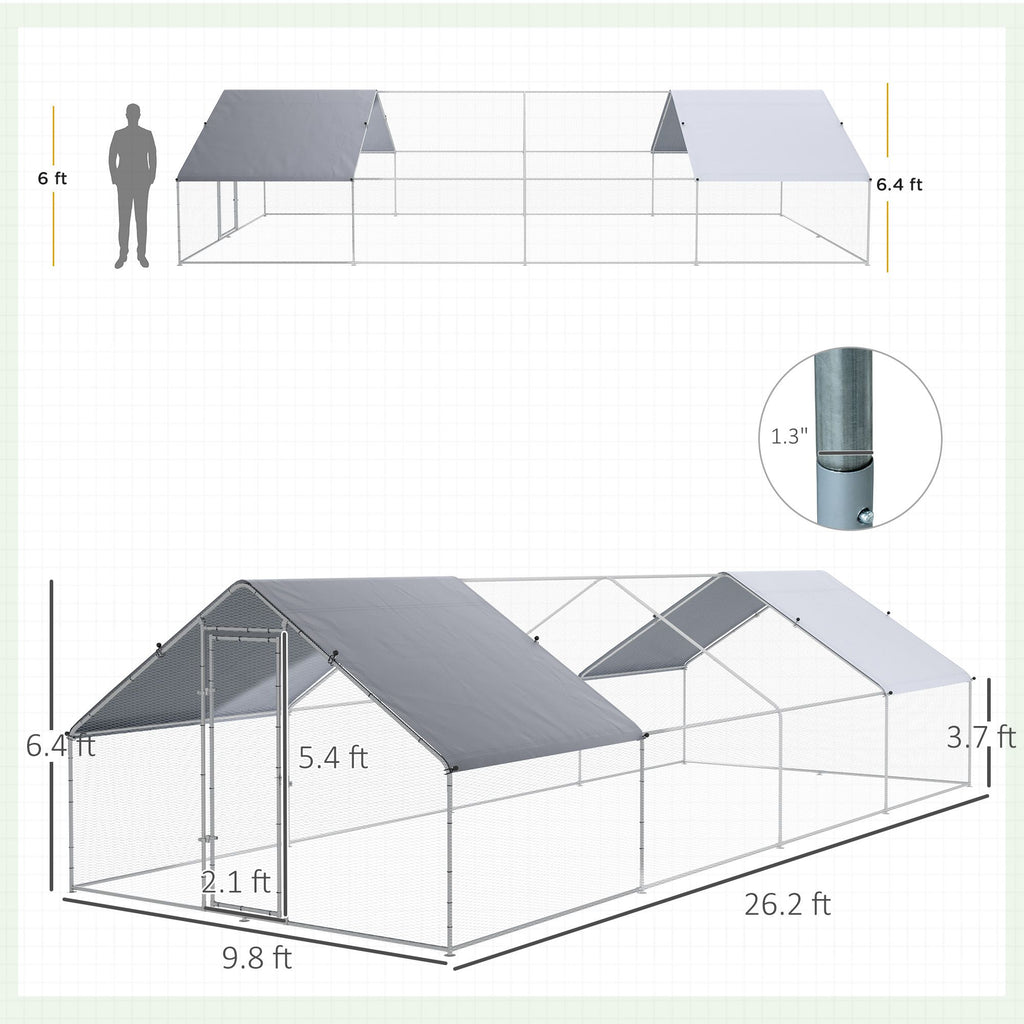Galvanized Large Metal Chicken Coop Cage, Walk-in Enclosure Poultry Hen Run House with UV & Water-Resistant Cover for Outdoor, 10' x 26' x 6.5'
