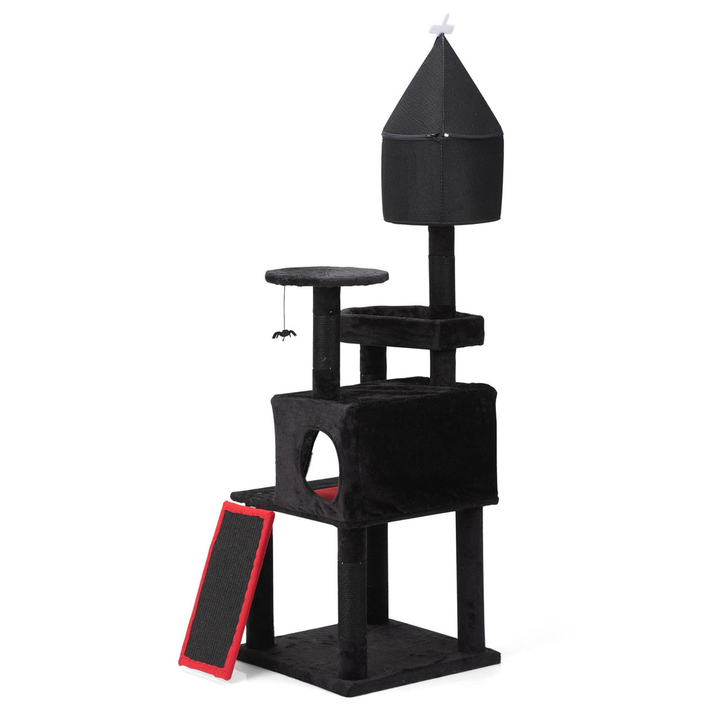 Gothic Cat Tree with Coffin Bed, 64in Black Cat Tower with Condo, Platform, Sisal Scratching Posts, Perch, Ramp, Toy, Cat Furniture, Cat House for Indoor Cats