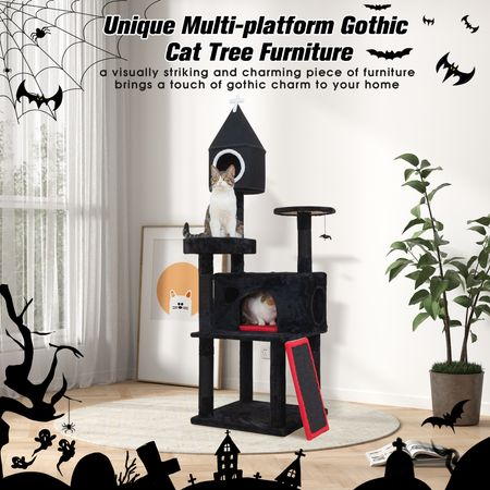 Gothic Cat Tree with Coffin Bed, 64in Black Cat Tower with Condo, Platform, Sisal Scratching Posts, Perch, Ramp, Toy, Cat Furniture, Cat House for Indoor Cats