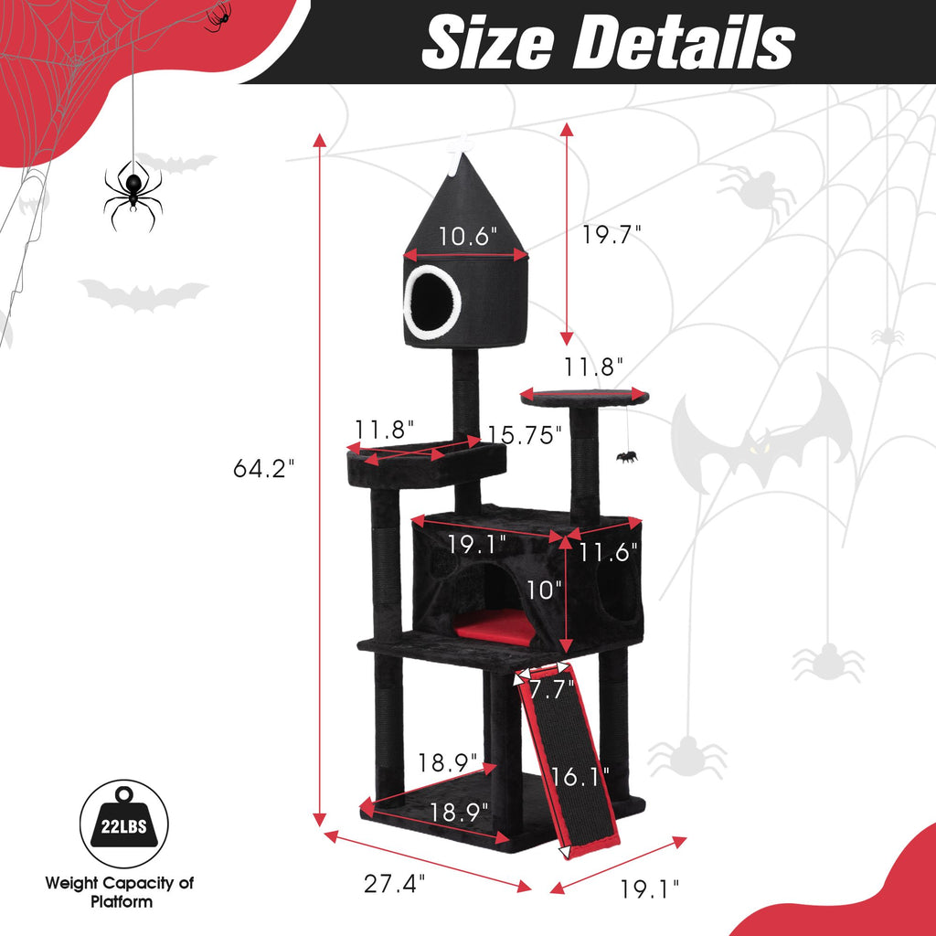 Gothic Cat Tree with Coffin Bed, 64in Black Cat Tower with Condo, Platform, Sisal Scratching Posts, Perch, Ramp, Toy, Cat Furniture, Cat House for Indoor Cats