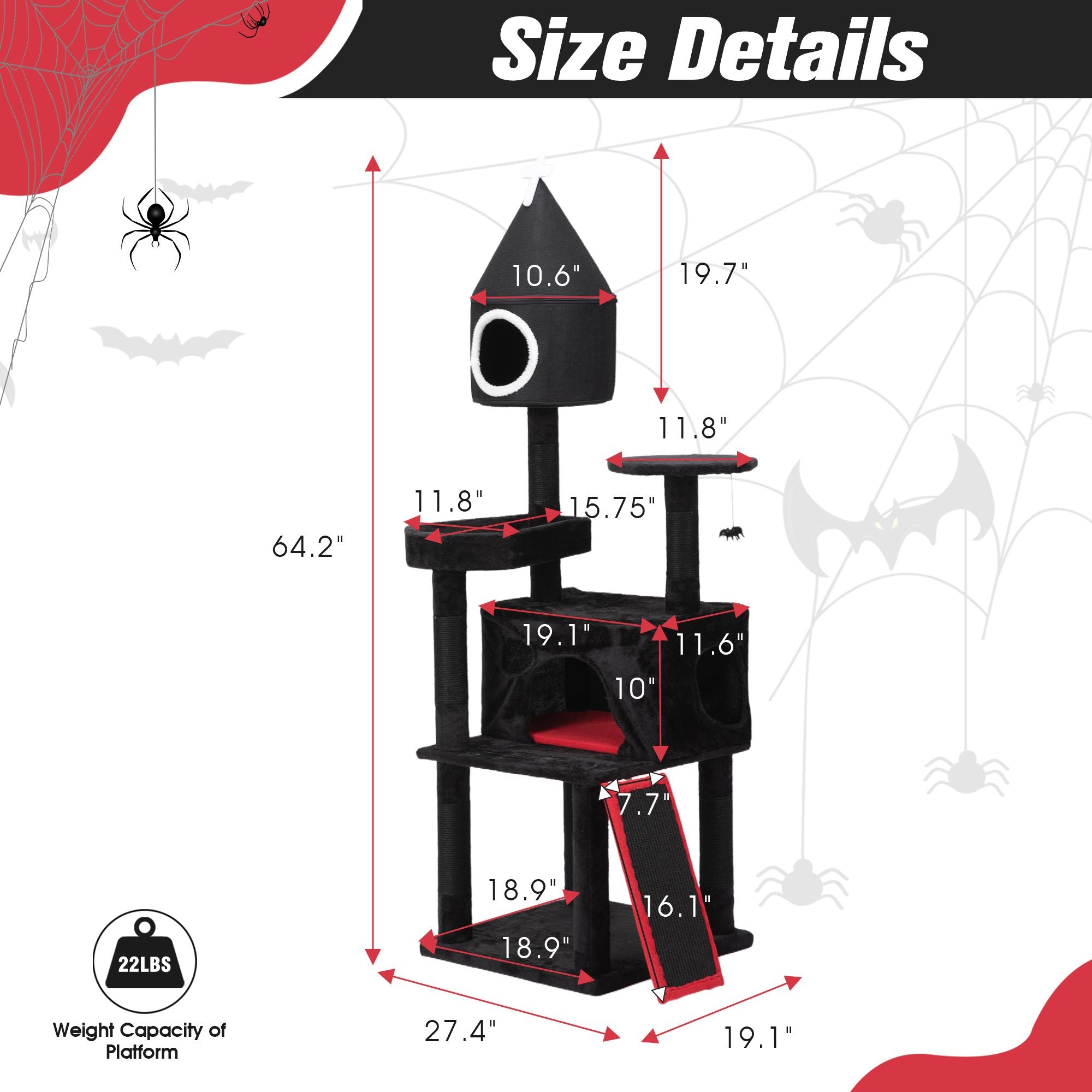Gothic Cat Tree with Coffin Bed, 64in Black Cat Tower with Condo, Platform, Sisal Scratching Posts, Perch, Ramp, Toy, Cat Furniture, Cat House for Indoor Cats