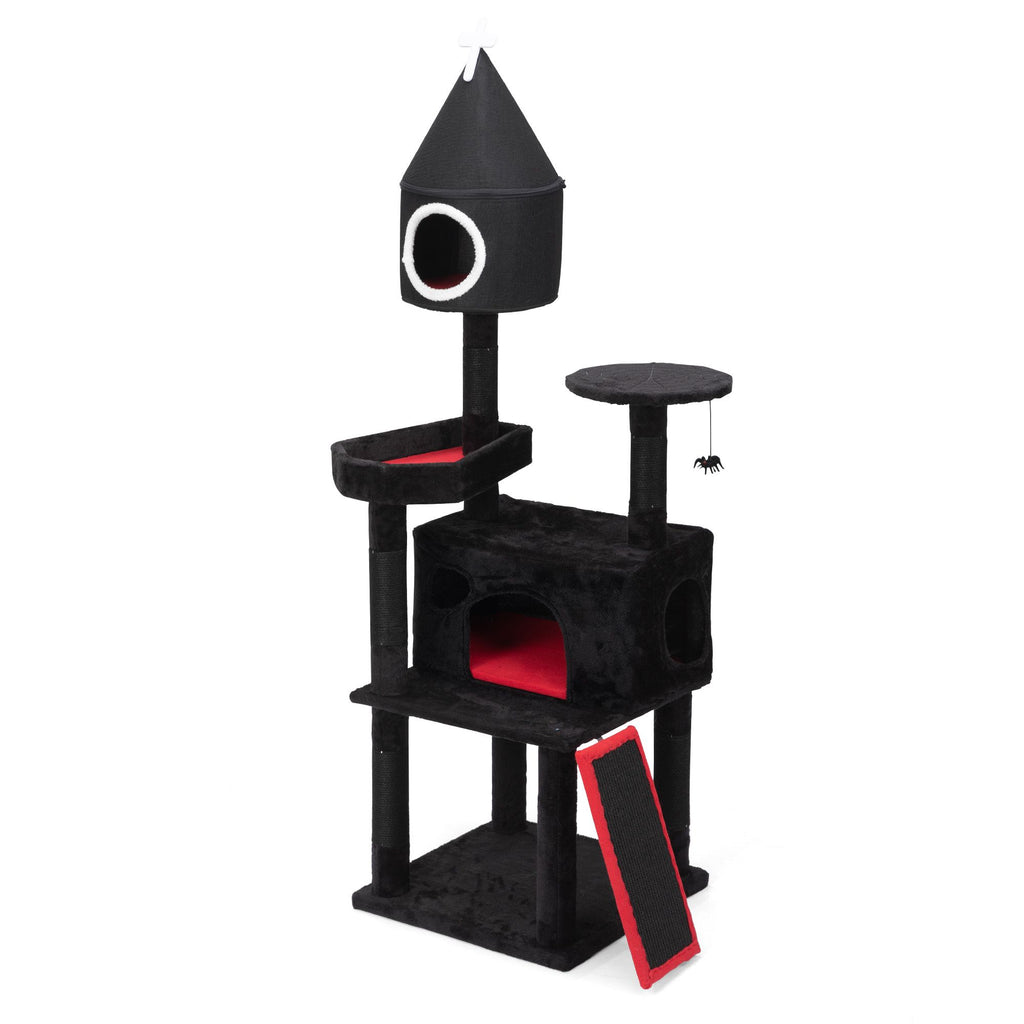 Gothic Cat Tree with Coffin Bed, 64in Black Cat Tower with Condo, Platform, Sisal Scratching Posts, Perch, Ramp, Toy, Cat Furniture, Cat House for Indoor Cats