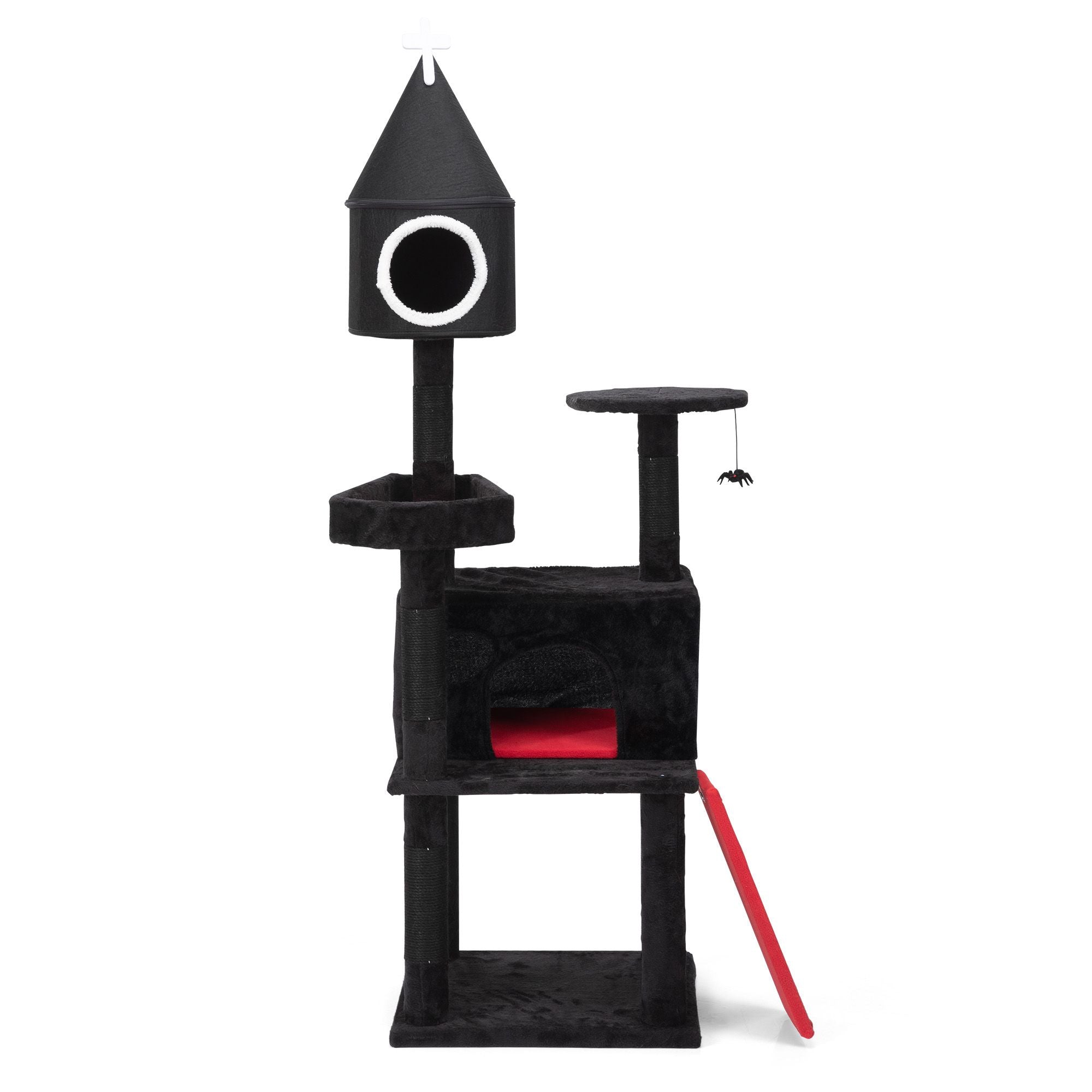 Gothic Cat Tree with Coffin Bed, 64in Black Cat Tower with Condo, Platform, Sisal Scratching Posts, Perch, Ramp, Toy, Cat Furniture, Cat House for Indoor Cats