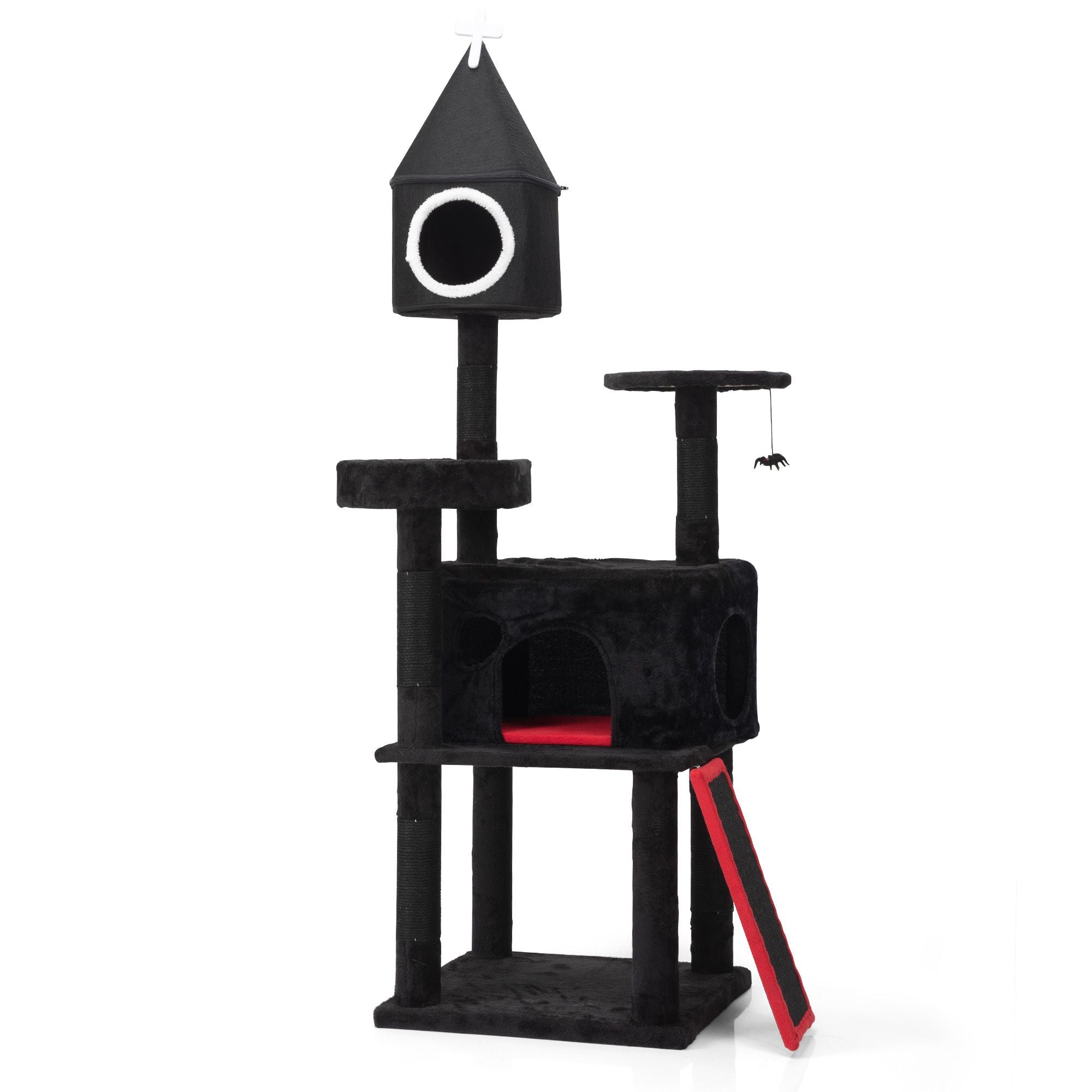 Gothic Cat Tree with Coffin Bed, 64in Black Cat Tower with Condo, Platform, Sisal Scratching Posts, Perch, Ramp, Toy, Cat Furniture, Cat House for Indoor Cats