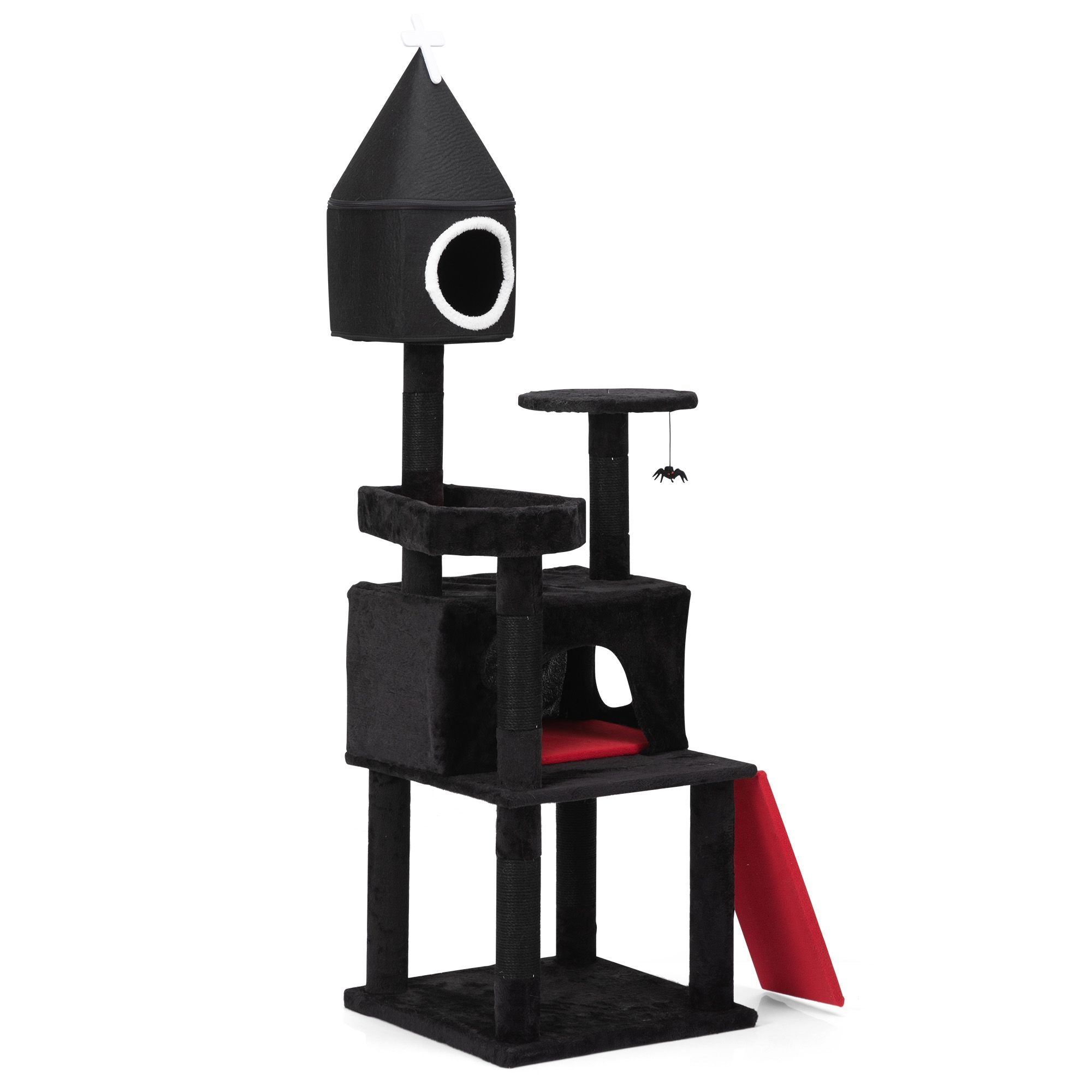 Gothic Cat Tree with Coffin Bed, 64in Black Cat Tower with Condo, Platform, Sisal Scratching Posts, Perch, Ramp, Toy, Cat Furniture, Cat House for Indoor Cats