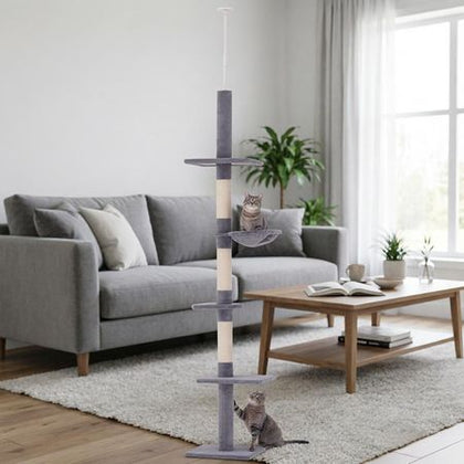 Adjustable Floor-to-Ceiling Cat Tower with Five Levels and Scratching Posts