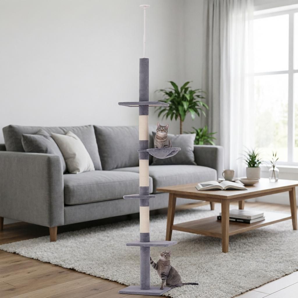 Adjustable Floor-to-Ceiling Cat Tower with Five Levels and Scratching Posts