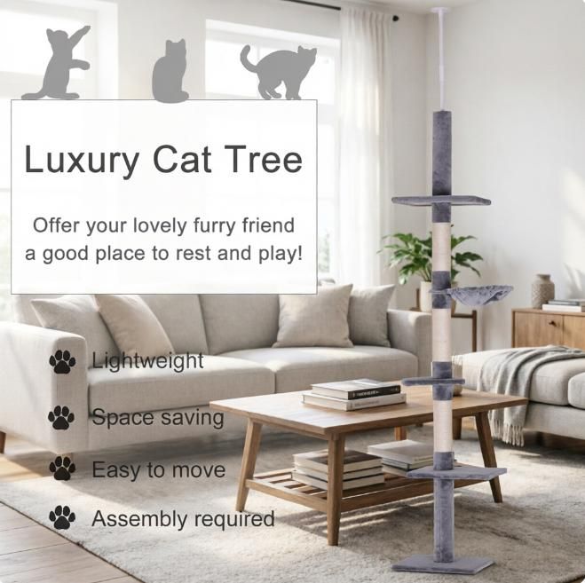 Adjustable Floor-to-Ceiling Cat Tower with Five Levels and Scratching Posts