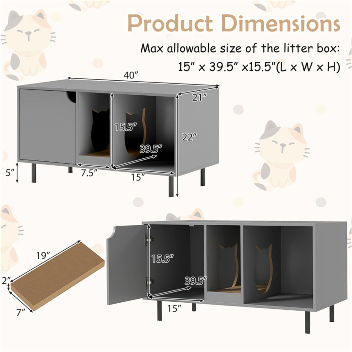 Spacious Double-Room Cat Litter Box Enclosure with Privacy and Scratching Board