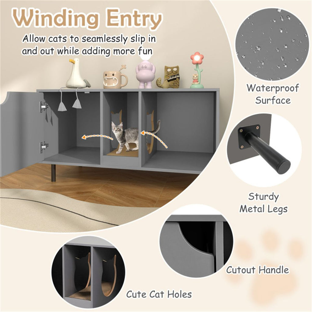 Spacious Double-Room Cat Litter Box Enclosure with Privacy and Scratching Board