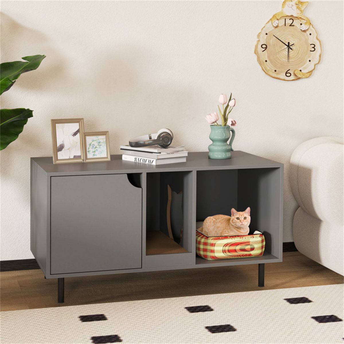 Spacious Double-Room Cat Litter Box Enclosure with Privacy and Scratching Board
