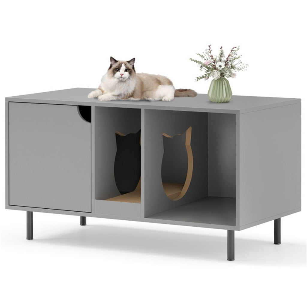 Spacious Double-Room Cat Litter Box Enclosure with Privacy and Scratching Board