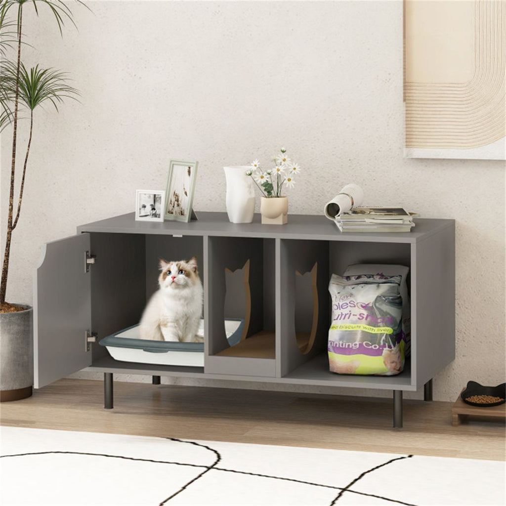 Spacious Double-Room Cat Litter Box Enclosure with Privacy and Scratching Board