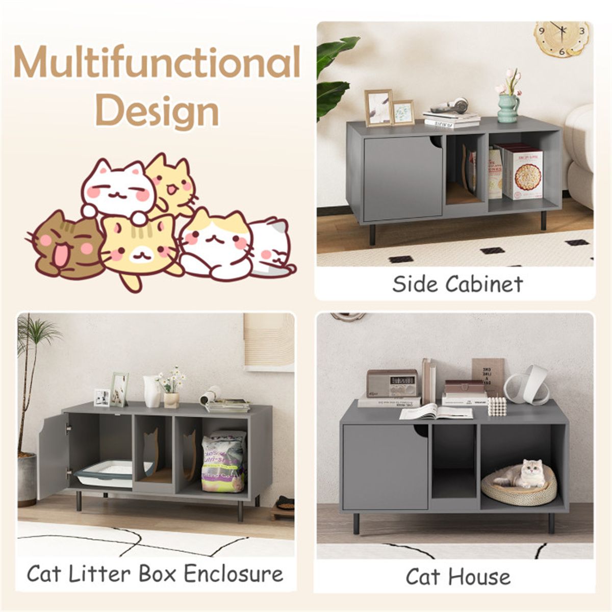 Spacious Double-Room Cat Litter Box Enclosure with Privacy and Scratching Board