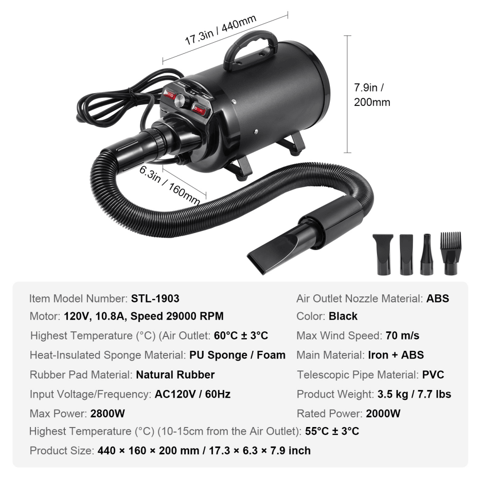 Powerful 2800W Pet Hair Dryer with Adjustable Airflow & Temperature